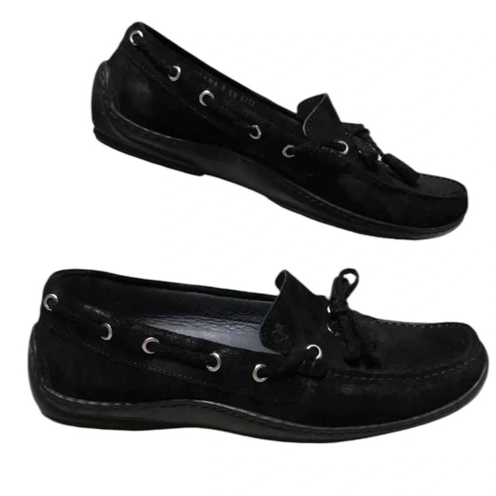 Donald J Pliner Ezara Italy Black Suede Leather Slip On Flat Boat Shoes Womens 8